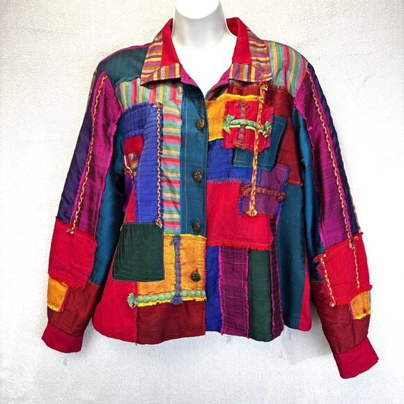 Jackets & Blazers - Coldwater Creek Patchwork Silk Blend Jacket Womens Large L Colorful Boho Hippie‎